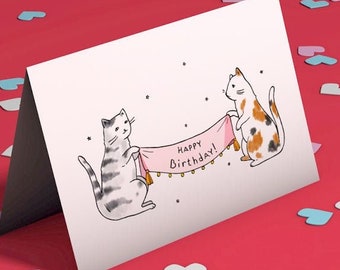 Printable Cat Birthday greeting postcard. Cute and funny download digital file for printing from home with cats. Ukraine artist