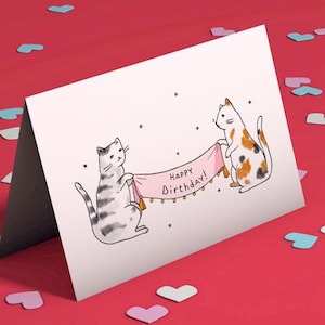 Postal de felicitación de cumpleaños de gato imprimible. Lindo y divertido archivo digital de descarga para imprimir desde casa con gatos. artista ucraniano