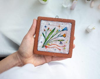 Ceramic wall art, Tile wall art, Tile, Botanical wall art, Ceramic, Home decor, Wall hanging, Floral illustration, Orange, Vintage kitchen