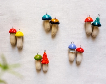 Set of 2 ceramic mushrooms pendant, Ceramic jewelry, Pottery figurines, Ceramic art, Home decor, Ornaments, Amanita, Miniatures, Ceramics