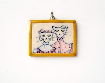 Cats unique miniature ceramic wall art, Landscape illustration, Miniature, Nature, Ceramic, Home decor, Wall hanging, Tile wall art, Boho