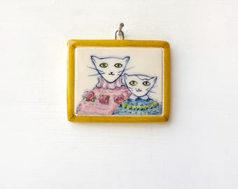 Cat unique miniature ceramic wall art, Landscape illustration, Miniature, Nature, Ceramic, Home decor, Wall hanging, Tile wall art Boho