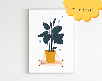 Tropical plant in home pot digital download file. Printable botanical minimalist wall art poster. Home decor