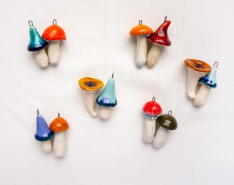 Set of 5 ceramic mushrooms pendant, Ceramic jewelry, Pottery figurines, Ceramic art, Home decor, Ornaments, Amanita, Miniatures, Ceramics