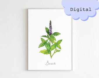Basil Watercolor Print: Botanical Kitchen Art (Digital Download)