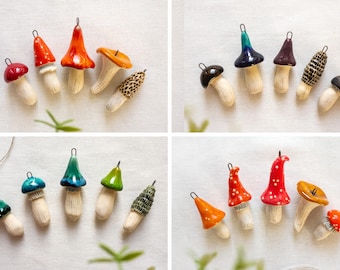 Set of 5 ceramic mushrooms pendant, Ceramic jewelry, Pottery figurines, Ceramic art, Home decor, Ornaments, Amanita, Miniatures, Ceramics