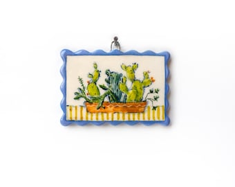 Cactuses unique miniature ceramic wall art, Landscape illustration, Miniature, Nature, Ceramic, Home decor, Wall hanging, Tile wall art Boho