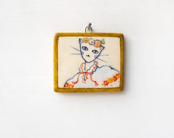 Cat unique miniature ceramic wall art, Landscape illustration, Miniature, Nature, Ceramic, Home decor, Wall hanging, Tile wall art, Boho