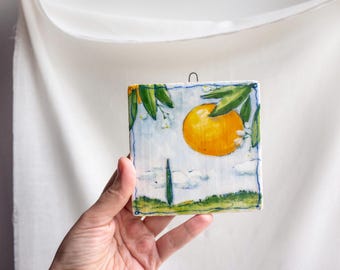 Ceramic wall art, Tile wall art, Tile, Botanical wall art, Ceramic, Home decor, Wall hanging, Floral illustration, Orange, Vintage kitchen