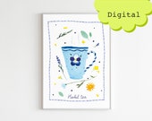 Cute herbal tea art illustration digital downloading file. Kitchen home decor. Printable tea coffee minimalist wall art poster