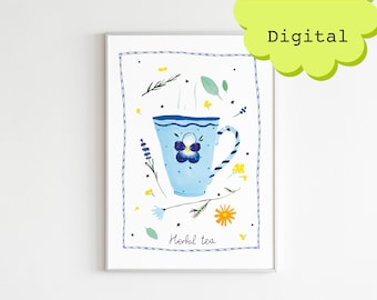 Cute herbal tea art illustration digital downloading file. Kitchen home decor. Printable tea coffee minimalist wall art poster