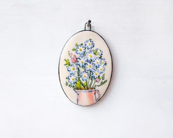 Daisies unique miniature ceramic wall art, Landscape illustration, Miniature, Nature, Ceramic, Home decor, Wall hanging, Tile wall art, Boho