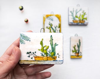 Unique Sicilian miniature ceramic wall art, Botanical illustration, Miniature, Nature, Ceramic, Home decor, Wall hanging, Tile wall art Boho