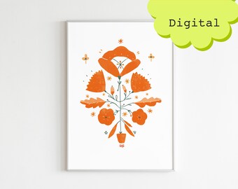 Floral Ukrainian traditional ornament for keepsake Ryshnuk digital download file. Printable botanical abstract wall art poster. Home decor