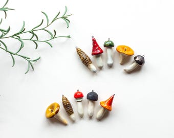 Set of 5 ceramic mushrooms pendant, Ceramic jewelry, Pottery figurines, Ceramic art, Home decor, Ornaments, Amanita, Miniatures, Ceramics