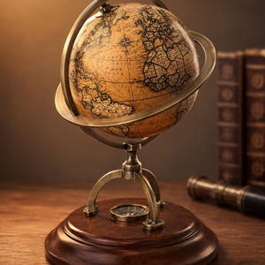 Puede incluir: Un globo terráqueo de estilo vintage con un mapa color canela, texto y líneas negras, montado sobre un anillo meridiano de metal color latón. El globo descansa sobre una base circular de madera marrón oscuro con una brújula integrada.