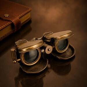 May include: Antique-style brass opera glasses featuring two circular lenses, a central focusing knob, and hinged protective covers that fold downward. The metallic finish has a warm, aged patina, and the device is positioned near a brown leather book.