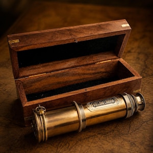 Peut inclure: Un télescope en laiton poli avec une plaque métallique gravée du texte DOLLOND LONDON, doté d'un corps cylindrique et d'un oculaire. Le télescope est placé devant une boîte de rangement rectangulaire en bois ouverte avec des charnières en laiton.
