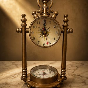 May include: A brass-toned desk clock featuring a circular face with black numerals and a central compass rose design. The clock is suspended between two vertical pillars above a circular base that contains a secondary integrated magnetic compass.