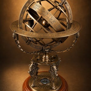 May include: A brass armillary sphere featuring concentric rings with engraved zodiac signs including Pisces, Aries, and Taurus. The structure rests on a wooden base with a central compass, supported by ornate metal legs with lion head accents.