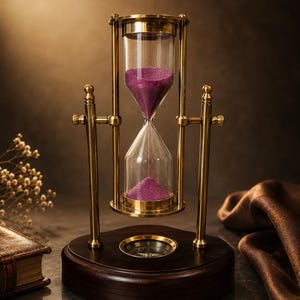 May include: An hourglass with a brass frame and purple sand, suspended between two vertical pillars on a dark circular wooden base. The base features an integrated compass with a circular dial and numerical markings visible on the surface.