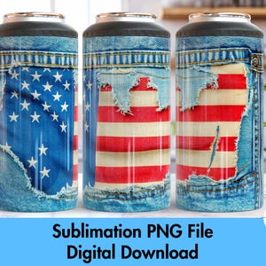 Patriotische US-Flagge 4 in 1 Dosenkühlerverpackung Nahtlose Sublimation PNG, Denim Amerika Karte, rustikales Distressed Vintage Design, zerrissene Jeans
