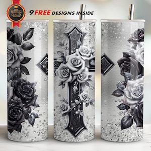 May include: Three stainless steel tumblers with a silver glitter background and black and white roses and a cross design. The tumblers have a black and white cross with roses on each side. The text "9 FREE DESIGNS INSIDE" is at the top of the image.