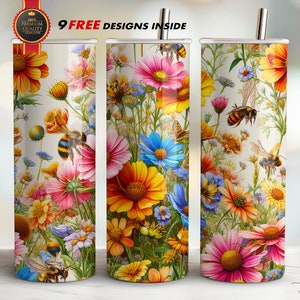 Wildflowers Tumbler Wrap, 20 Oz Skinny Straight, Spring Meadow Easter Sublimation PNG, FREE Designs Inside, Watercolor Design