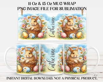 Easter Bunny Mug Wrap - Add Your Name - 11 oz & 15 Oz Sublimation PNG, Instant Download