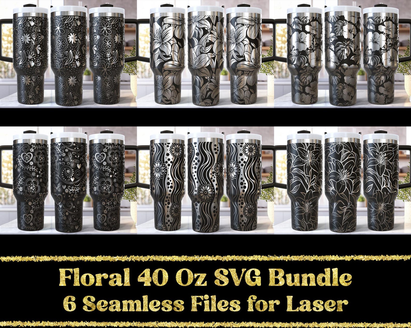 Floral SVG Laser 40 Oz Tumbler Wrap Bundle / Engraved Etched Quencher ...
