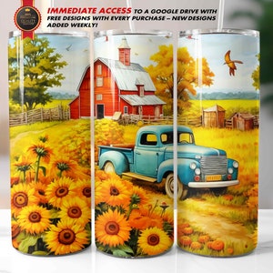 Old Truck Tumbler Wrap, 20 Oz Straight Skinny Sublimation PNG, Fall Autumn Thanksgiving, Rustic Sunflowers Country Red Barn, Seamless Design
