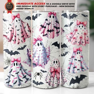May include: Three white tumblers with a Halloween ghost design. Each tumbler features a smiling ghost wearing a pink bow and a cape decorated with bats and bows. The background includes spiderwebs and bats. Text on the top reads "IMMEDIATE ACCESS TO A GOOGLE DRIVE WITH FREE DESIGNS WITH EVERY PURCHASE - NEW DESIGNS ADDED WEEKLY!"
