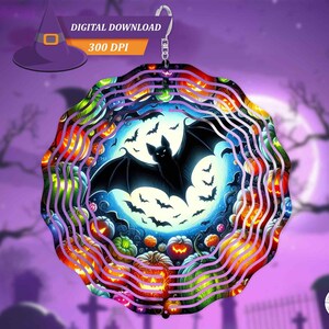 Molinillo de viento de Halloween (sublimación PNG), murciélagos vampiros, calabazas talladas en neón iridiscentes, terror gótico colorido, diseño PNG de molinillo de viento