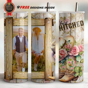 Westliche Hochzeitsfoto Tumbler Wrap, 20 Unze gerade dünne Sublimation PNG / Rustikale Cowgirl Stiefel Hüte Design / Just Hitched