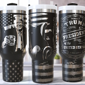 Trump SVG Laser 40 Oz Tumbler Wrap / Engraved Etched Seamless Design / 2024 Political 47 President / Vintage Whiskey Label / Rustic US Flag