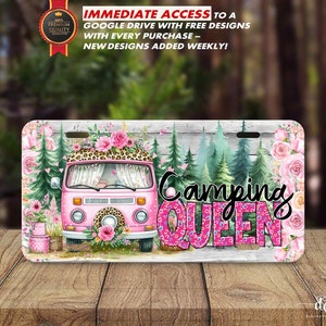 May include: Pink and white license plate featuring a pink camper van, flowers, and the text "Camping Queen" in pink with white hearts.
