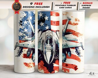 US Flag Fighter Jet, Straight Skinny 20oz, Sublimation PNG, Instant Download, FREE Designs Included, tumbler for pilot, male tumbler