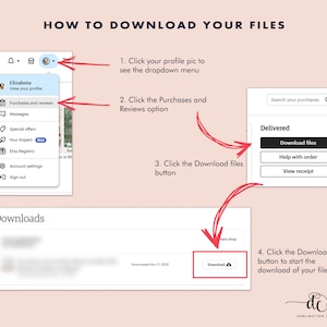 May include: A step-by-step guide on how to download digital files from Etsy. The guide shows a screenshot of the Etsy website with instructions on how to access the Purchases and Reviews section, click the Download files button, and then click the Download button to start the download.
