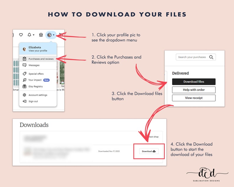 May include: A step-by-step guide on how to download digital files from Etsy. The guide shows a screenshot of the Etsy website with instructions on how to access the Purchases and Reviews section, click the Download files button, and then click the Download button to start the download.