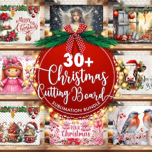 May include: A collection of 30+ Christmas cutting boards featuring various designs, including a gingerbread girl, a cow with a Santa hat, a winter scene with a window, and a pair of bluebirds. The cutting boards are perfect for adding a festive touch to your kitchen.