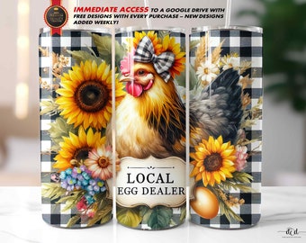 Funny Chicken Tumbler Wrap, 20Oz Skinny Straight & Tapered Sublimation PNG / Farm Animal Country Gingham Design / Local Egg Dealer