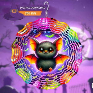 Molinillo de viento de murciélago de Halloween Sublimación PNG / Lindo diseño de Jack o Lantern de calabazas de neón coloridas