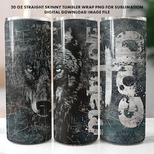 May include: A 20 oz straight skinny tumbler wrap featuring a detailed black wolf design with piercing blue eyes. The tumbler has a distressed, textured background and includes the text "Faith" in a white, grunge-style font. The design is a digital download.