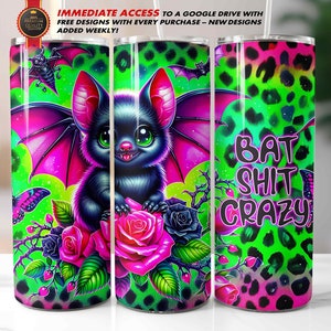 Envoltorio para vaso de Halloween con forma de murciélago, 20 oz, diseño de leopardo neón, rosa, verde y gótico maduro, con sublimación recta y cónica, "Bat Sh*t Crazy"