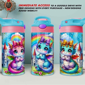 Baby Dragons 12 Oz Flip Top Seamless Tumbler Wrap für Mädchen, Sublimation PNG / Rainbow Sparkly Fantasy Fairy Tale Design