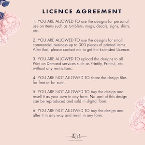 May include: A pink and white floral background with a text document outlining a license agreement for digital designs. The text includes details about personal and commercial use, print-on-demand services, and restrictions on sharing and reselling the designs.