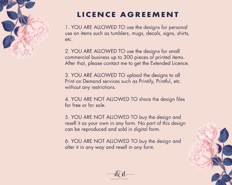 May include: A pink and white floral background with a text document outlining a license agreement for digital designs. The text includes details about personal and commercial use, print-on-demand services, and restrictions on sharing and reselling the designs.