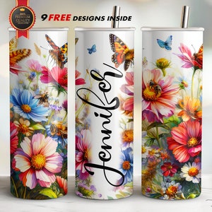 Wildflowers Tumbler Wrap, Add Your Name 20 Oz Skinny Straight, Spring Meadow Easter Sublimation PNG, FREE Designs Inside, Watercolor Design
