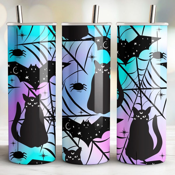 Halloween Black Cats & Bats Cobwebs Holographic 20oz Straight Skinny Tumbler Wrap for Sublimation