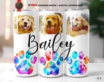 Custom Dog Photo Tumbler Wrap, Straight Skinny 20oz Sublimation, Instant Download / Rainbow Paws